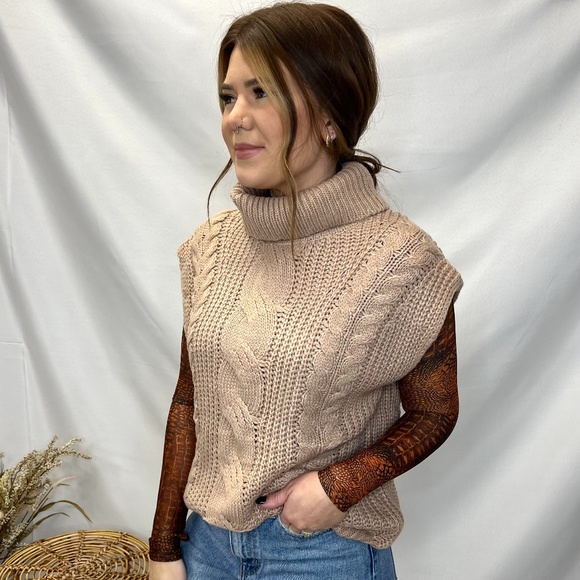 Sweaters - LAST ONE! Beige Cable Knit Sweater Vest Turtleneck